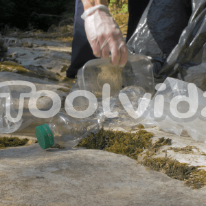 giovane ragazzo raccoglie delle bottiglie di plastica vuote su un terreno roccioso di un ruscello
